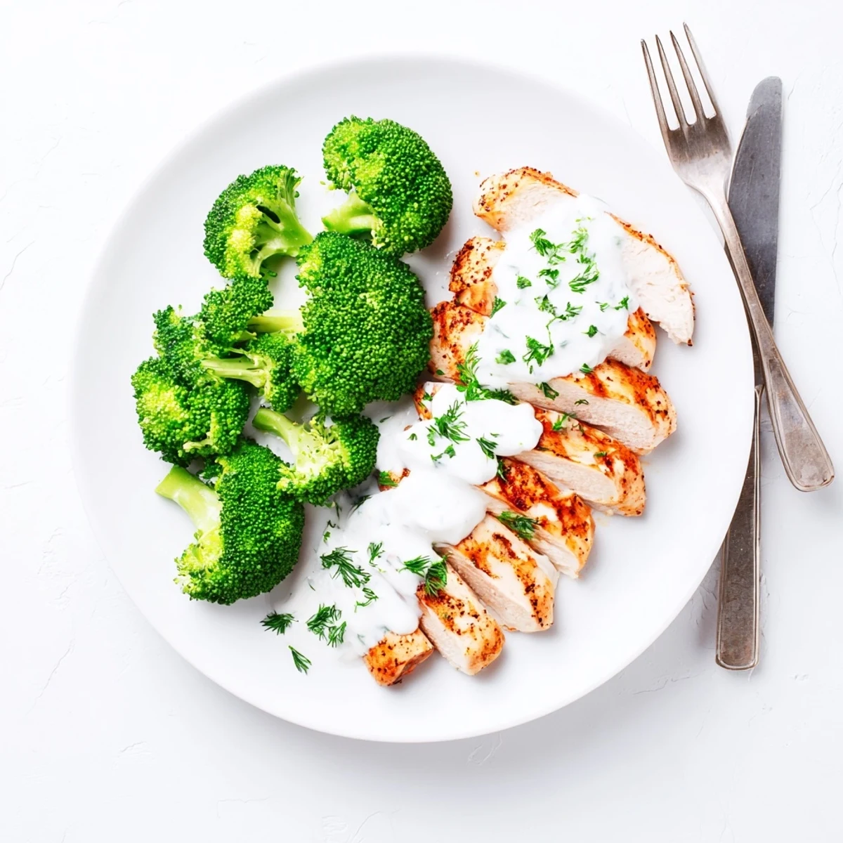 Nutritious bowl featuring spiced grilled chicken and steamed broccoli with creamy dressing
