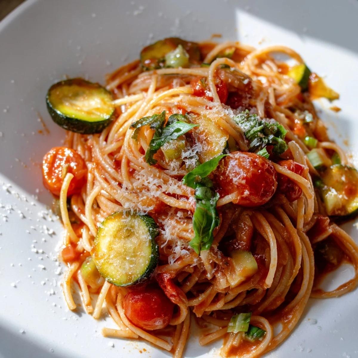 Golden tomato zucchini pasta tossed with fresh basil and grated Parmesan cheese