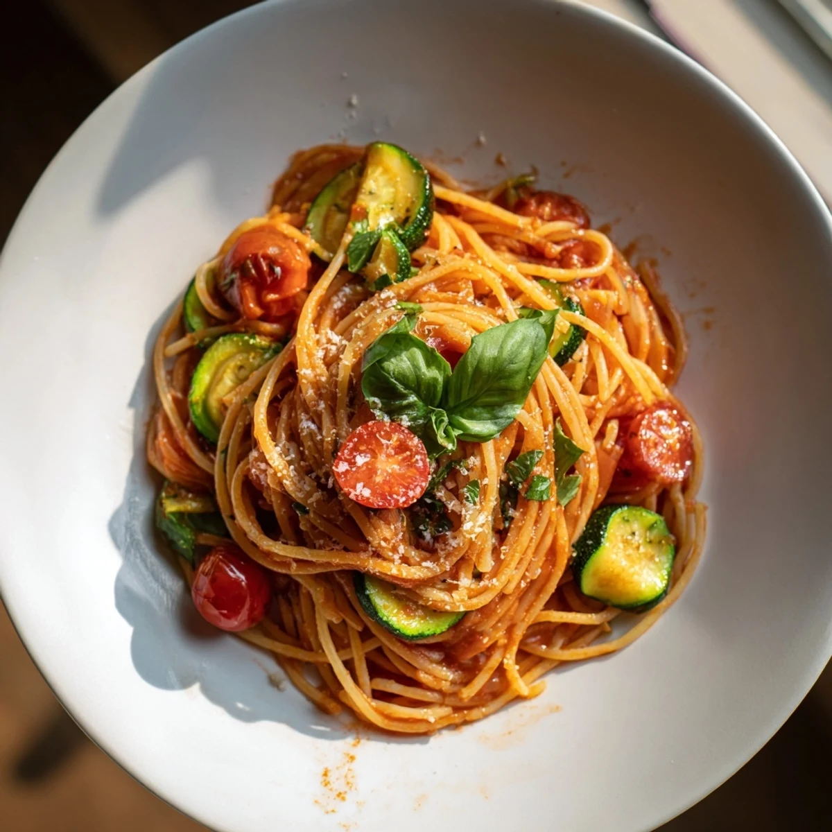Steaming bowl of tomato zucchini pasta featuring tender vegetables and al dente noodles