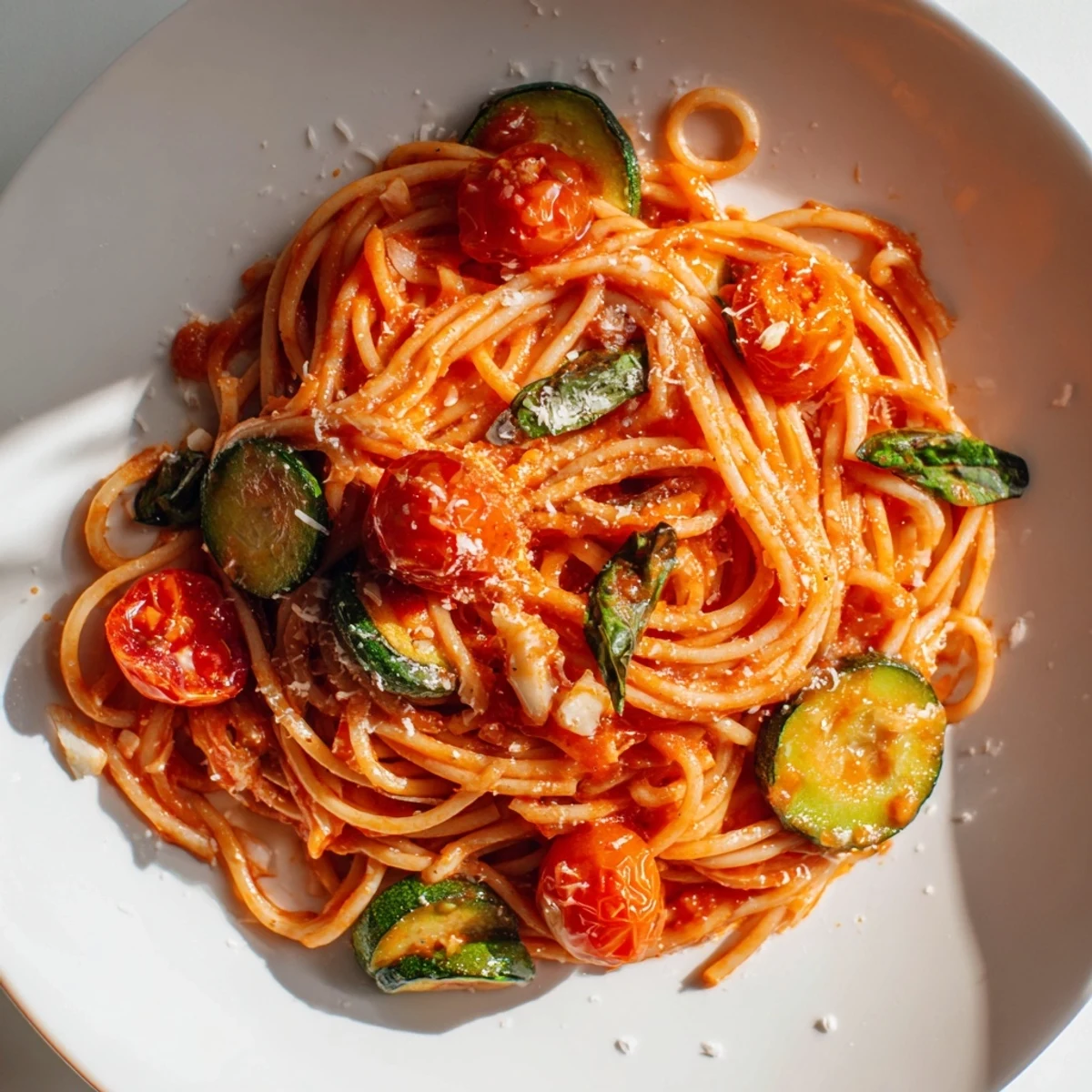 Light Italian tomato zucchini pasta dish garnished with green basil and white cheese