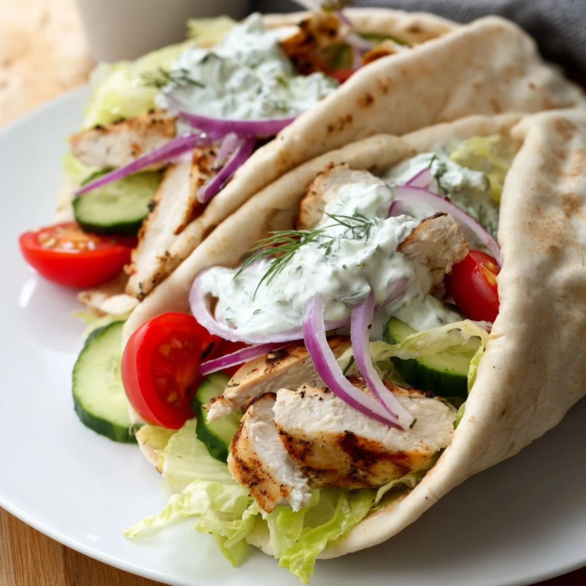 Golden brown Greek grilled chicken pita stuffed with fresh vegetables and creamy tzatziki sauce