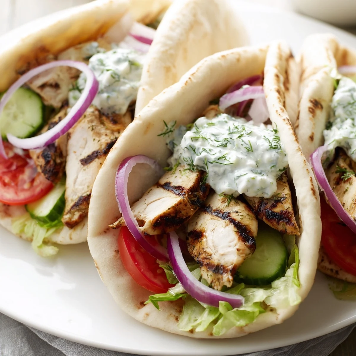 Homemade Greek grilled chicken pita wraps featuring charred meat and crisp red onion slices