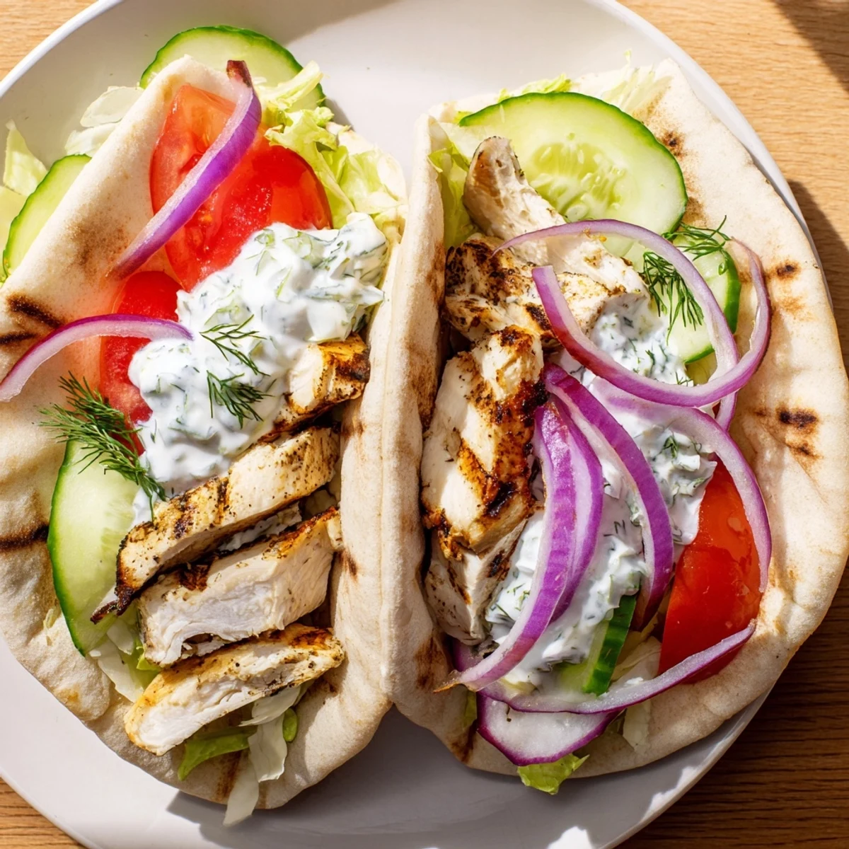 Warm pita bread overflowing with seasoned Greek grilled chicken, tomatoes, cucumber, and cool yogurt sauce