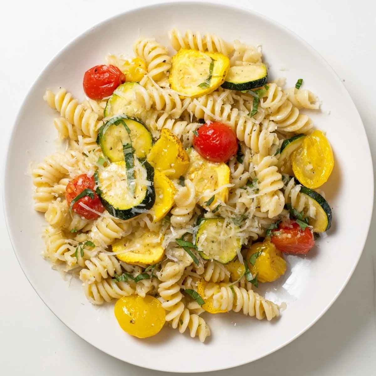 Golden summer squash pasta skillet tossed with cherry tomatoes and fresh green basil in a light olive oil sauce