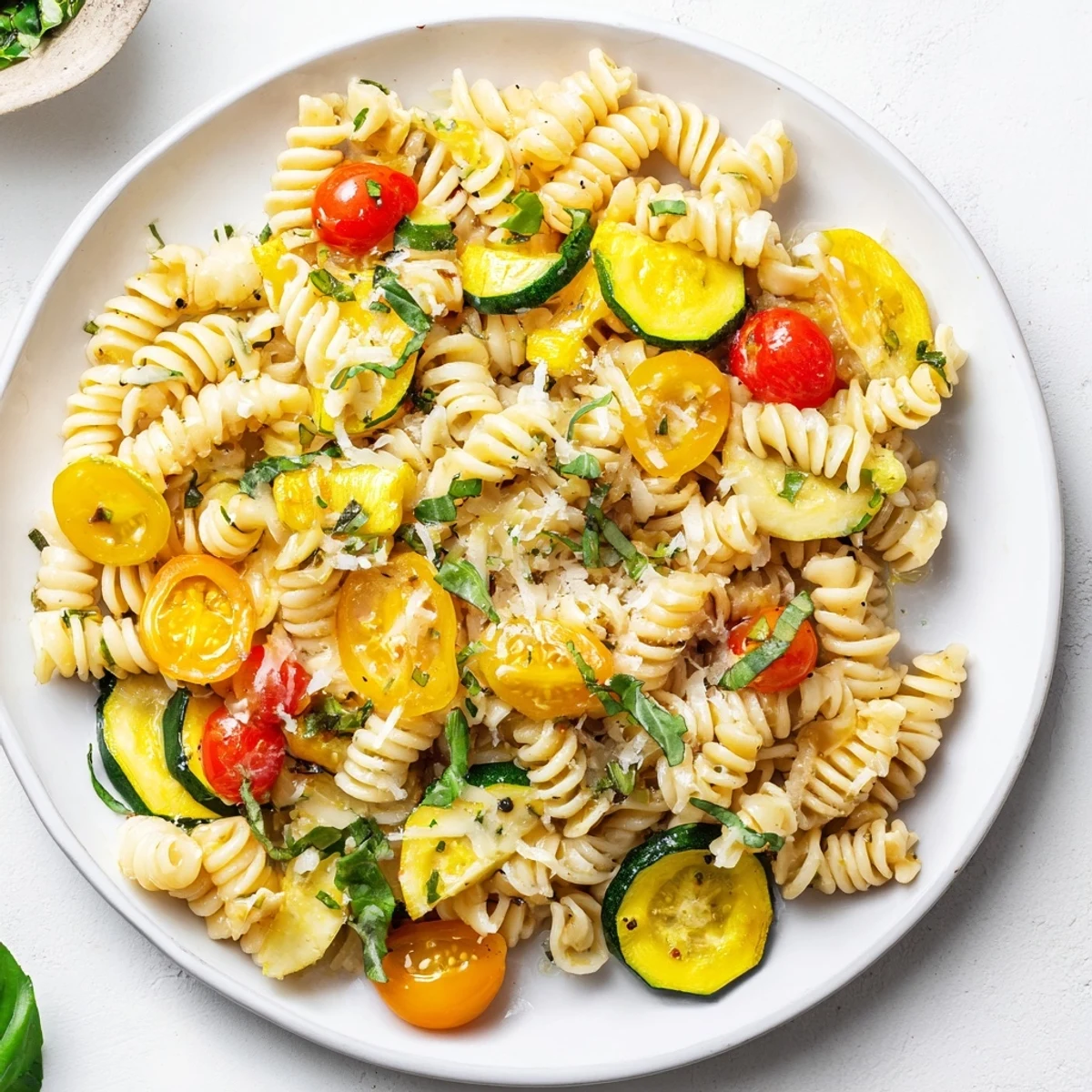 One-pan summer squash pasta featuring tender zucchini, juicy tomatoes, and parmesan sprinkled over twirled pasta noodles