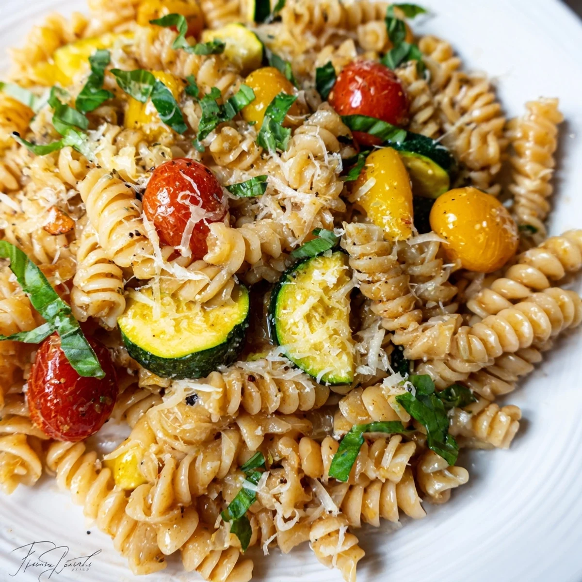 Vibrant skillet of summer squash pasta with halved cherry tomatoes, parsley, and grated parmesan cheese garnish