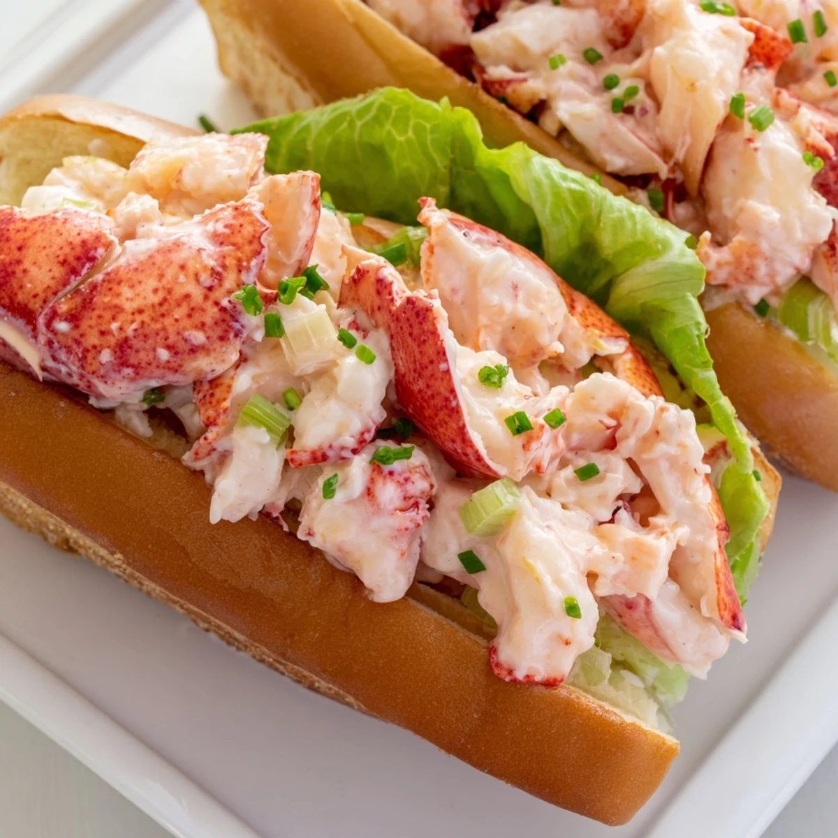 Golden brown butter-toasted split-top bun overflowing with creamy Maine style lobster rolls and fresh chives
