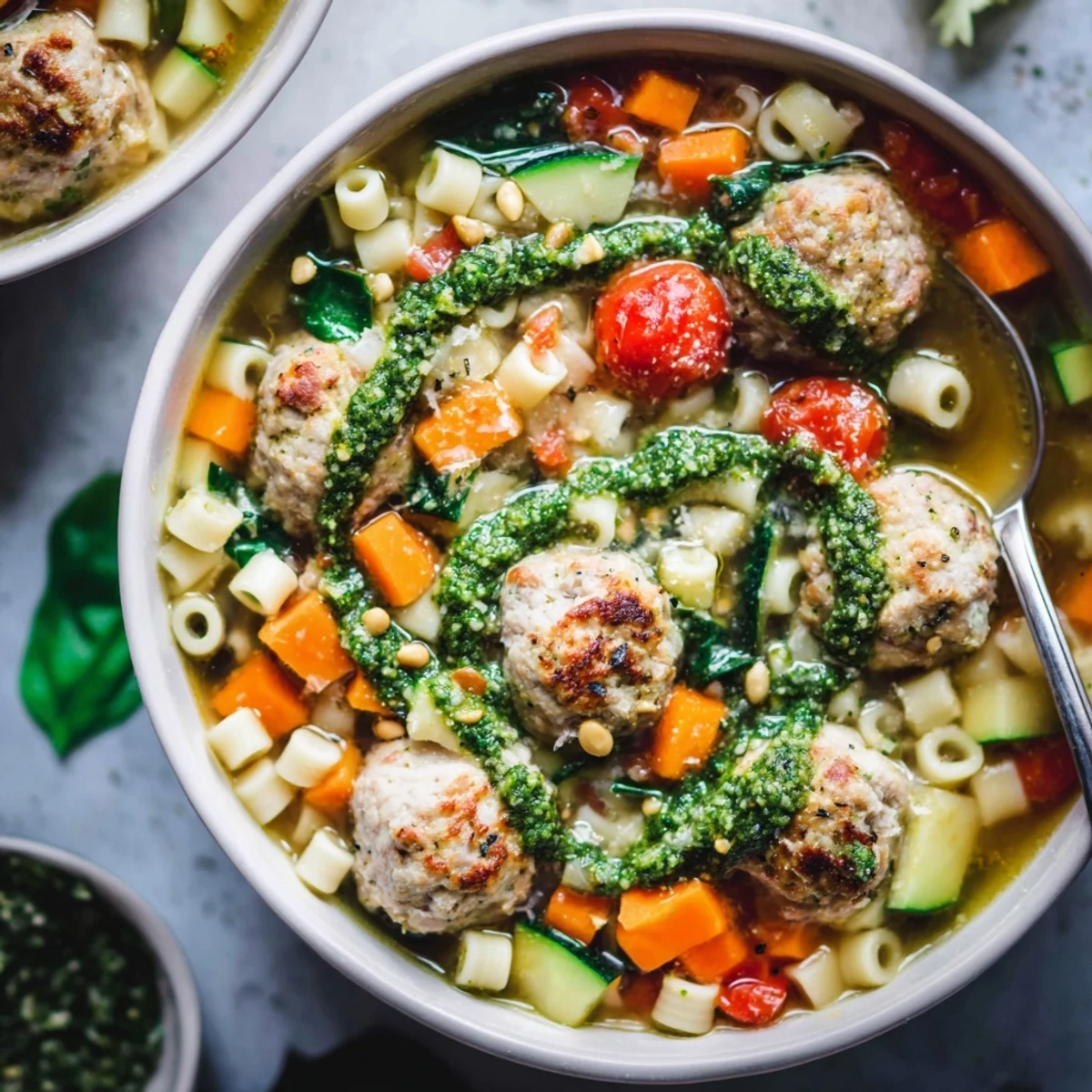 Bowl of Summer Pesto Mini Meatball Soup topped with vibrant green basil pesto swirl
