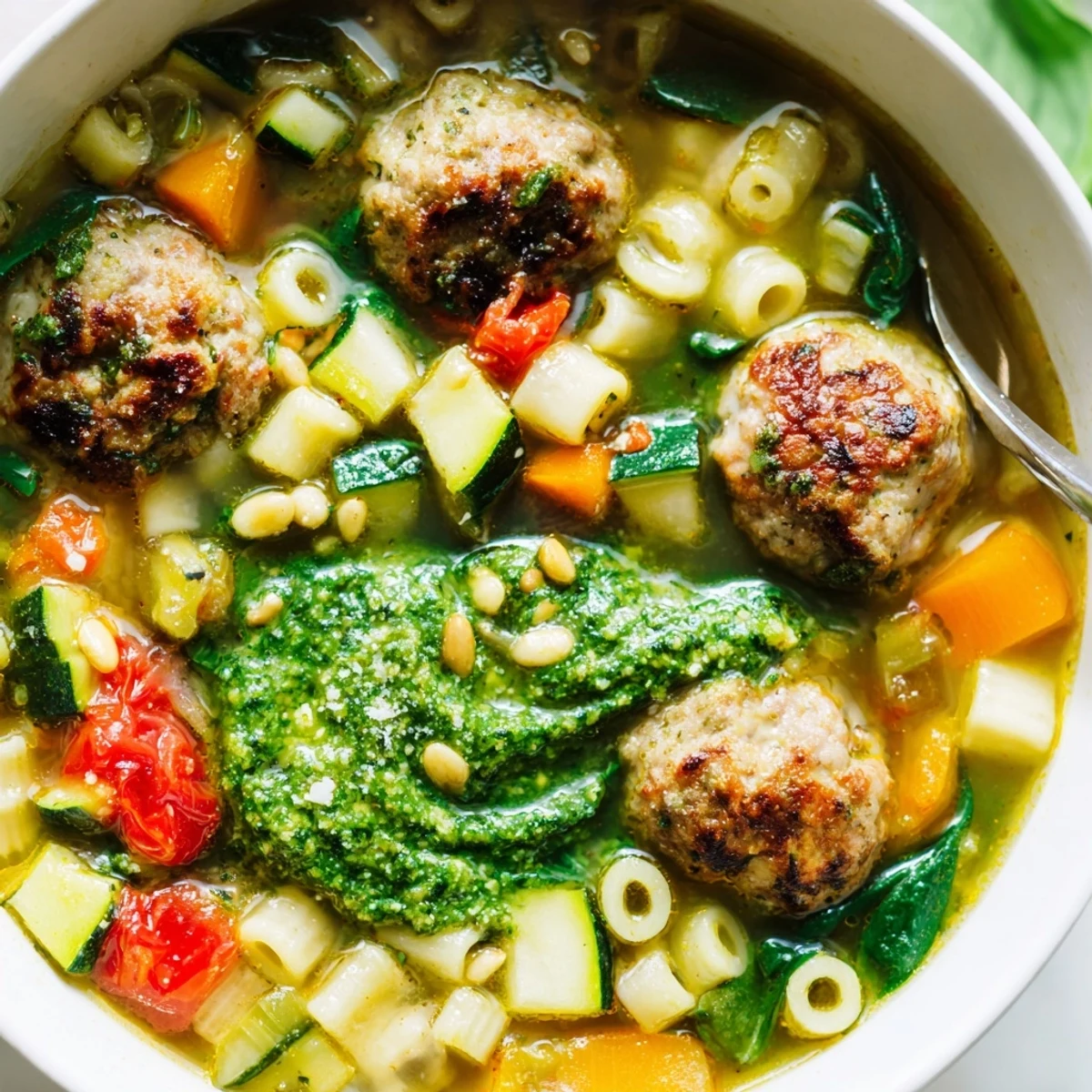Hearty Summer Pesto Mini Meatball Soup featuring tender meatballs and fresh seasonal vegetables