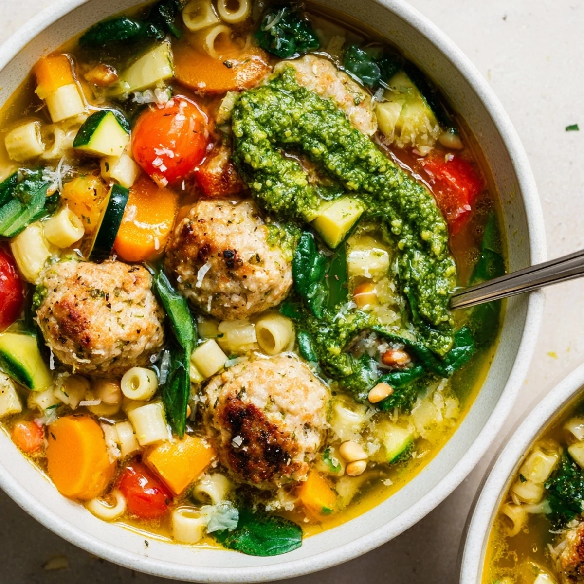 Light Summer Pesto Mini Meatball Soup served with crusty bread and pesto garnish