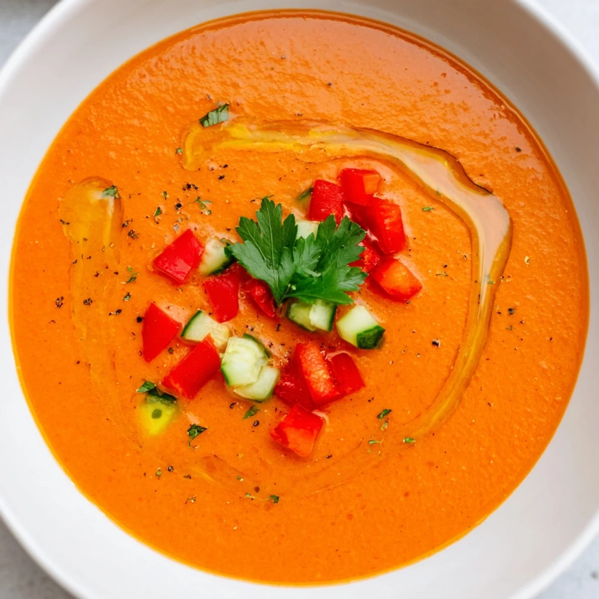 Gazpacho recipe served in white bowls with olive oil drizzle and vegetable garnish