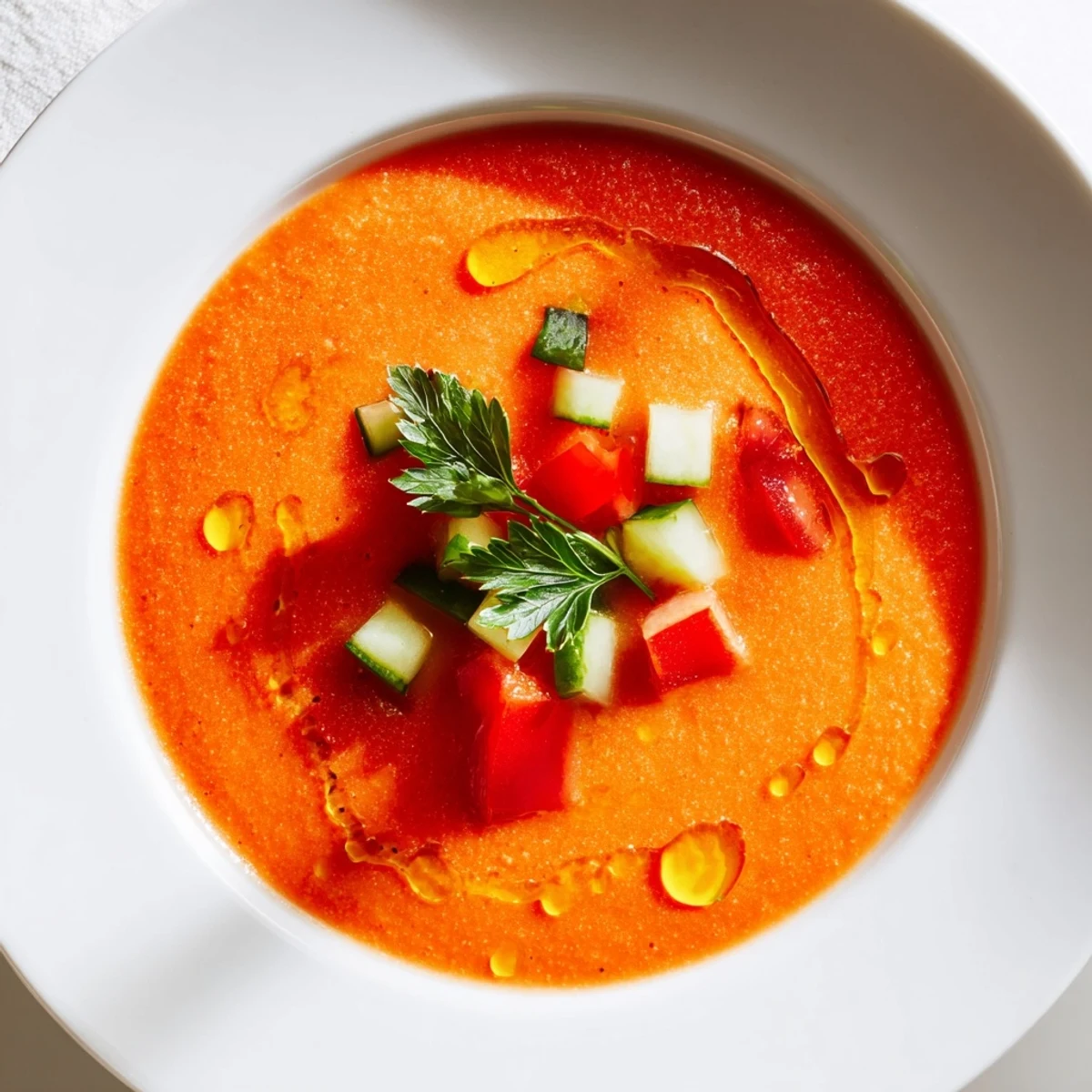 Chilled gazpacho soup topped with colorful diced vegetables and fresh green herbs