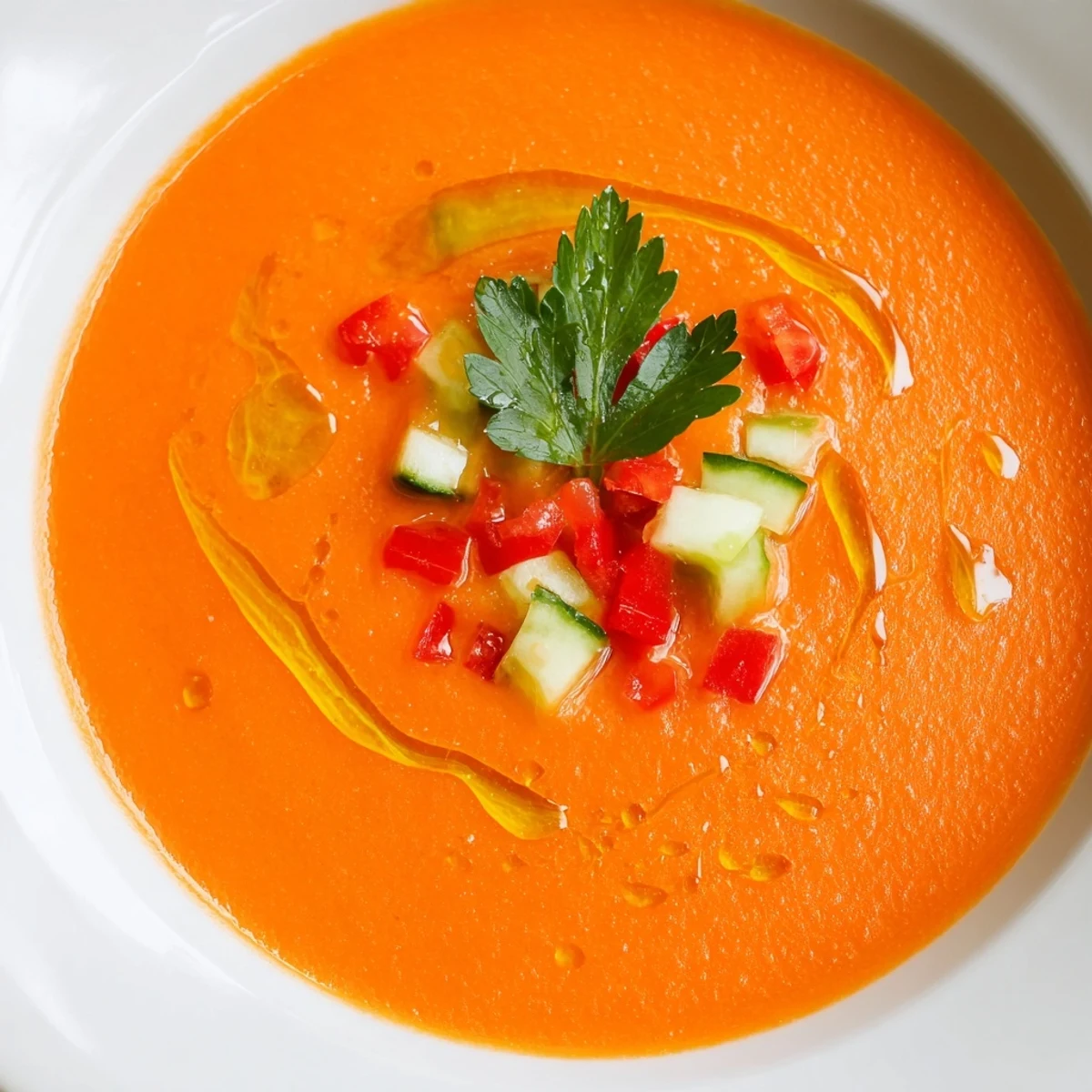 Spanish gazpacho recipe featuring vibrant red tomato blend with crisp cucumber and pepper toppings