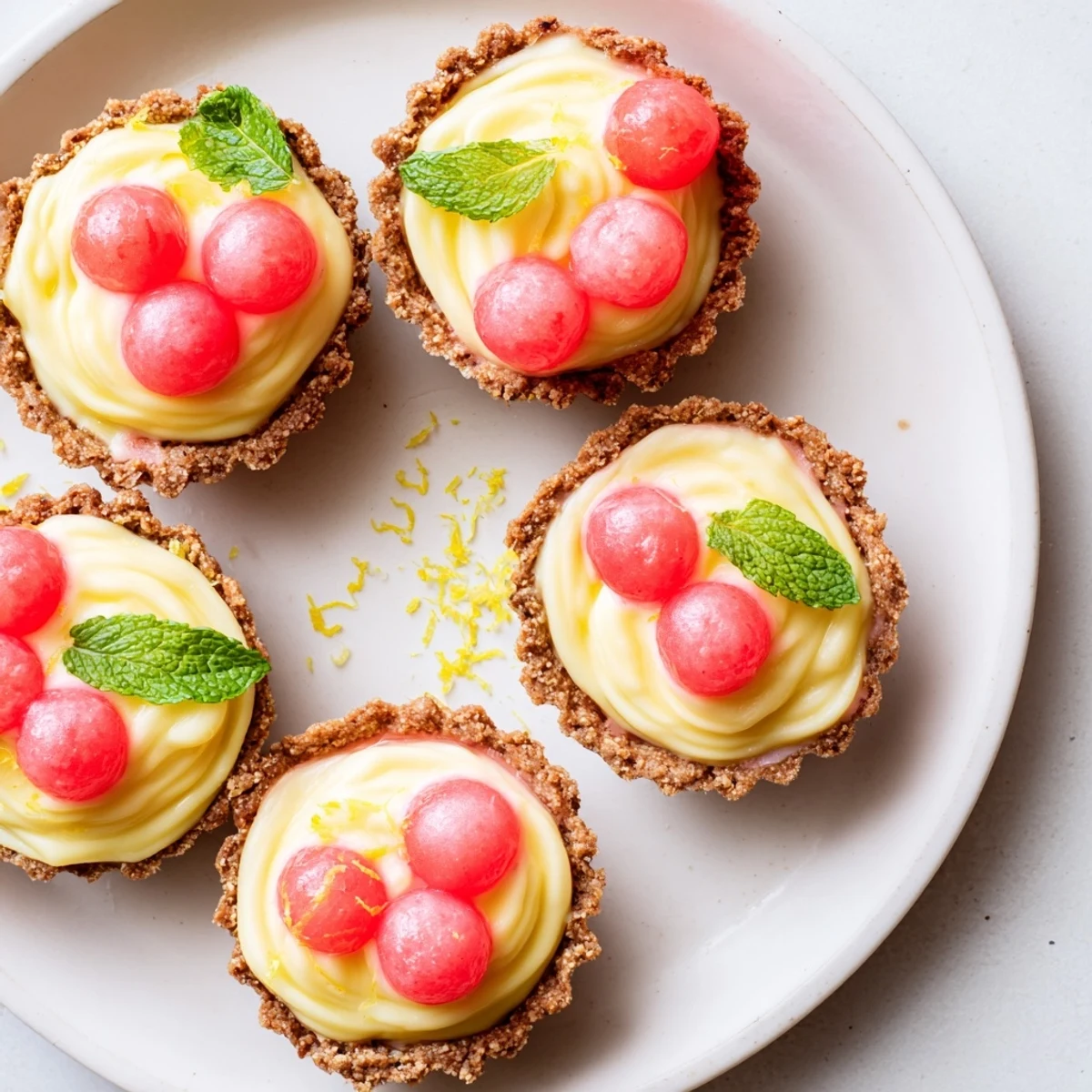 Frozen watermelon lemon cream tarts displayed on white plate with fresh mint garnish