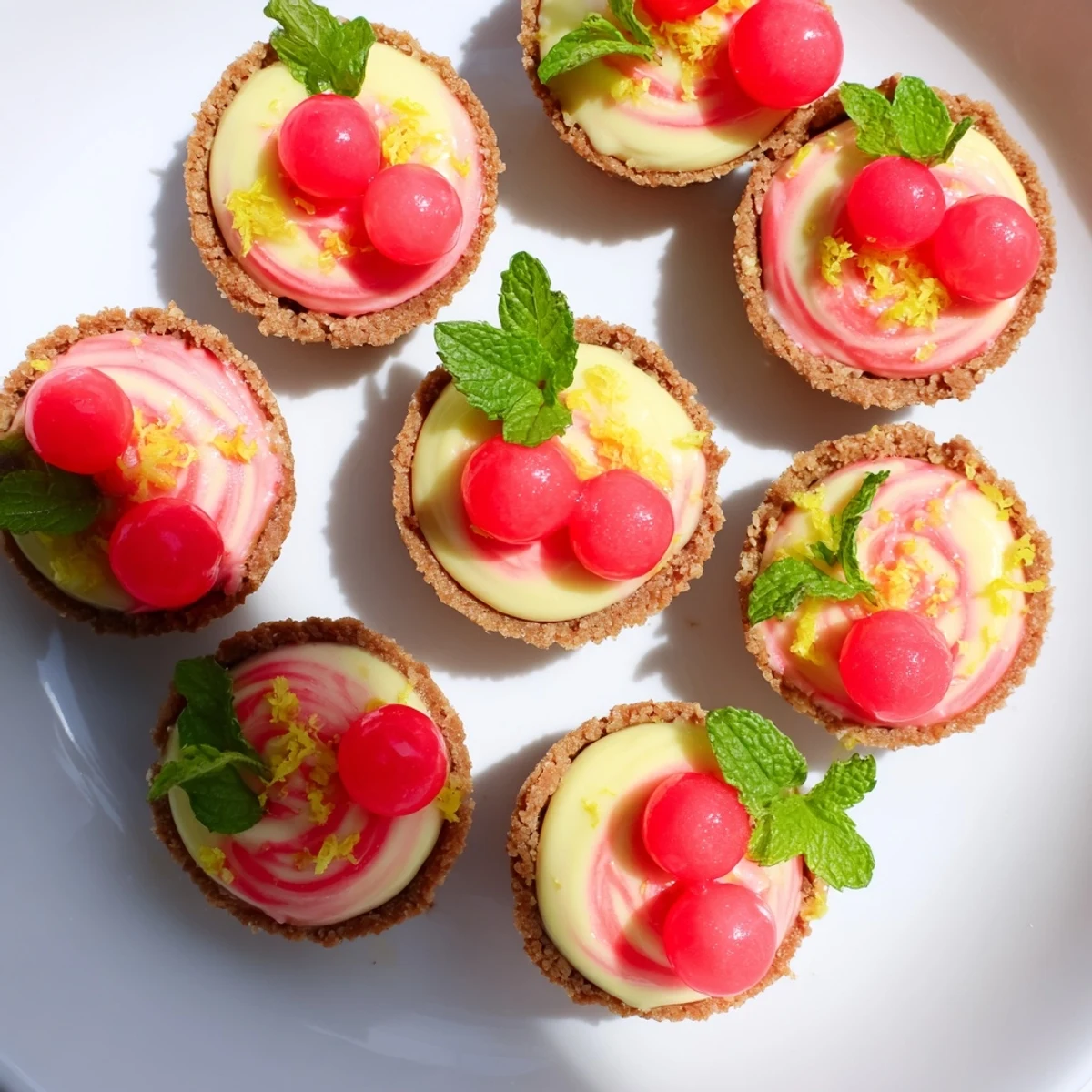 Pink watermelon swirl layered over tangy lemon cream in crispy graham cracker tart shells
