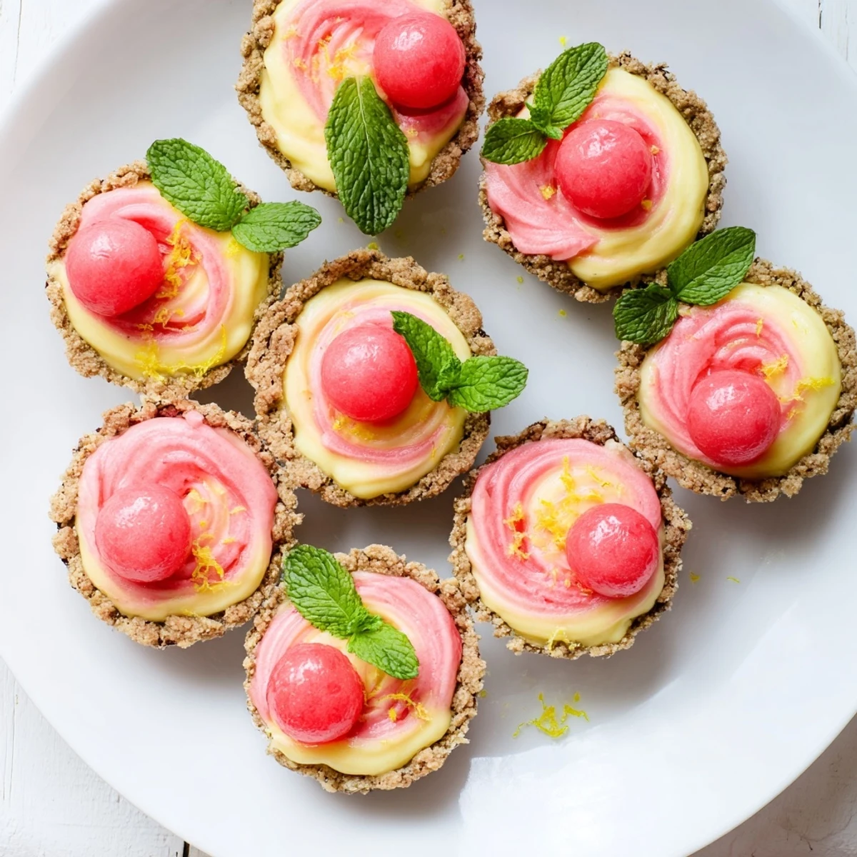 Six frozen watermelon lemon cream tarts topped with fresh watermelon balls and lemon zest