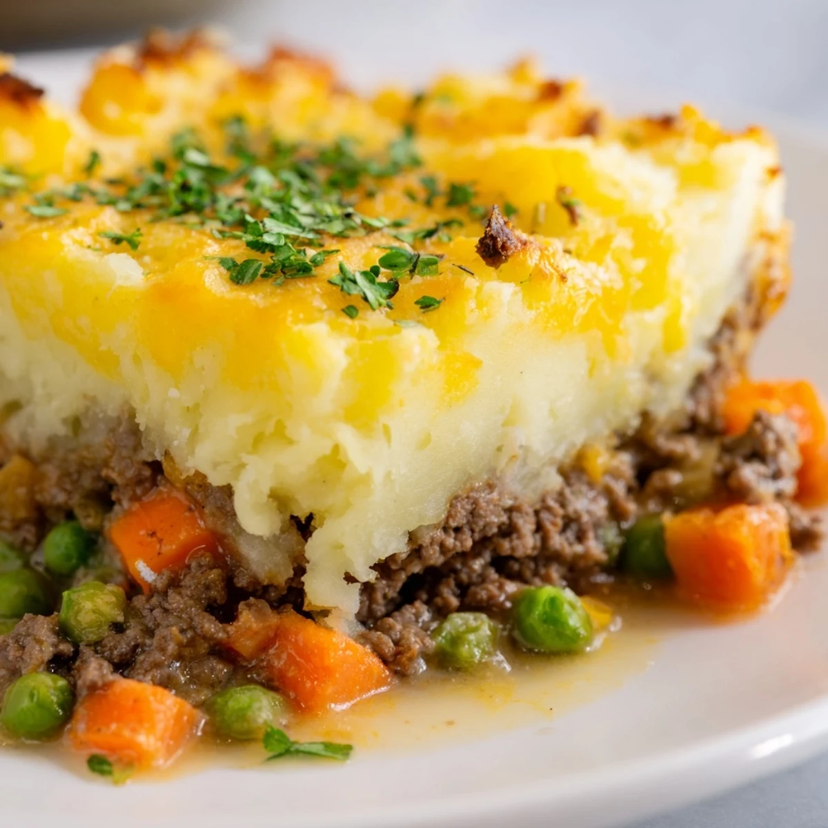 Golden Shepherd's Pie baked potato topped with fluffy mashed potato crust and fresh parsley
