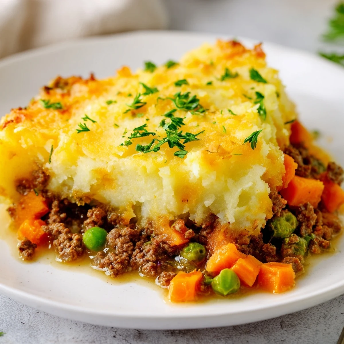 Cozy Shepherd's Pie baked potato with rich meat and vegetable filling under fluffy mashed potato peaks