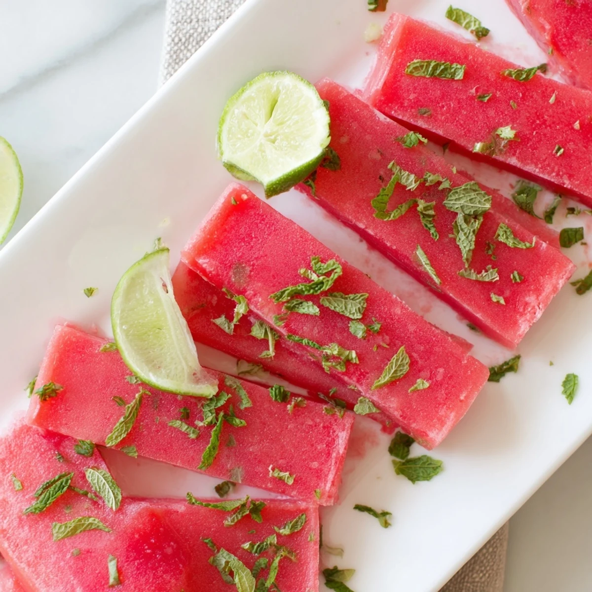 Frozen watermelon lime bars garnished with fresh mint and lime wedges on a white serving plate