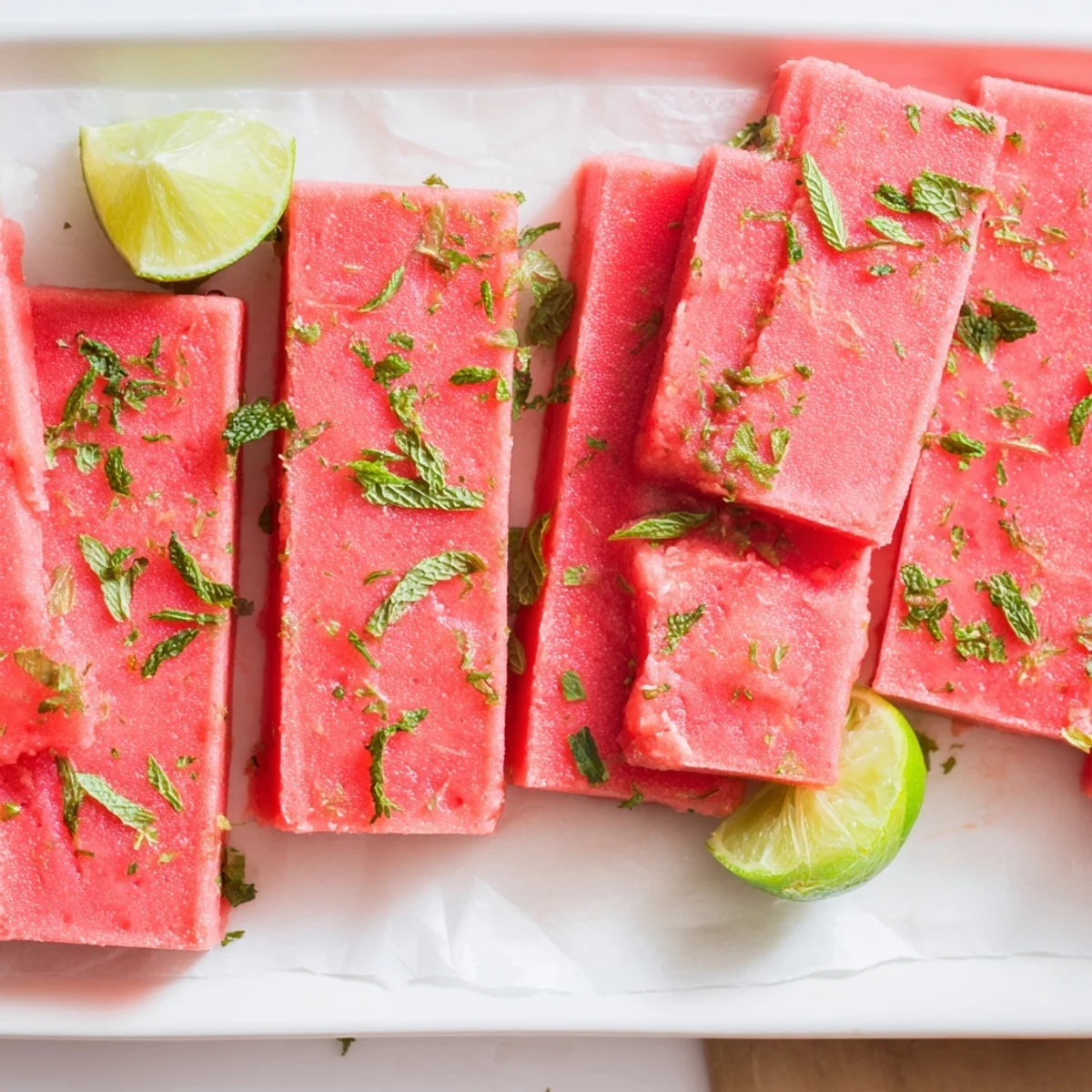 Vibrant pink watermelon lime bars cut into squares and topped with green mint leaves for summer