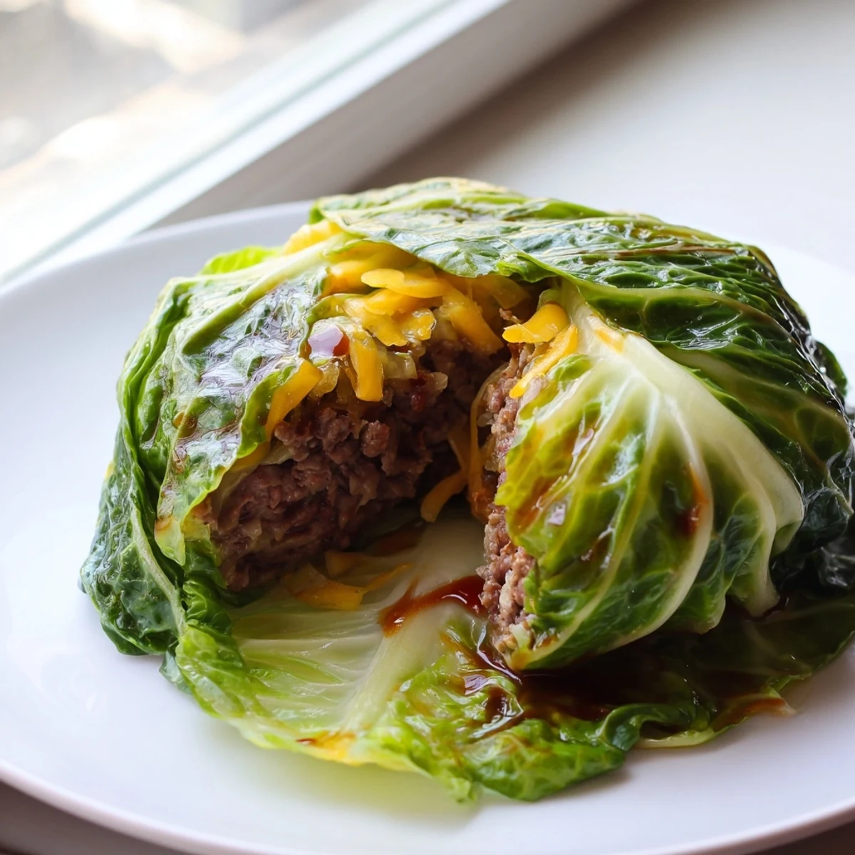 Golden brown oven baked cabbage burger wrapped in tender green leaves on a white plate