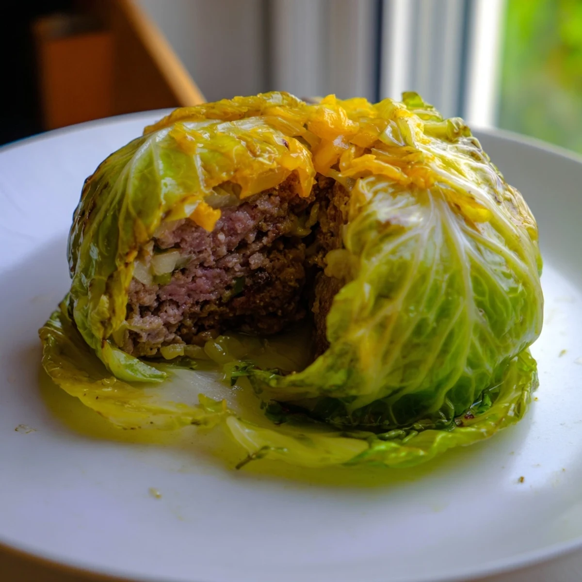 Juicy ground beef patty nestled inside blanched cabbage leaves after baking until lightly charred