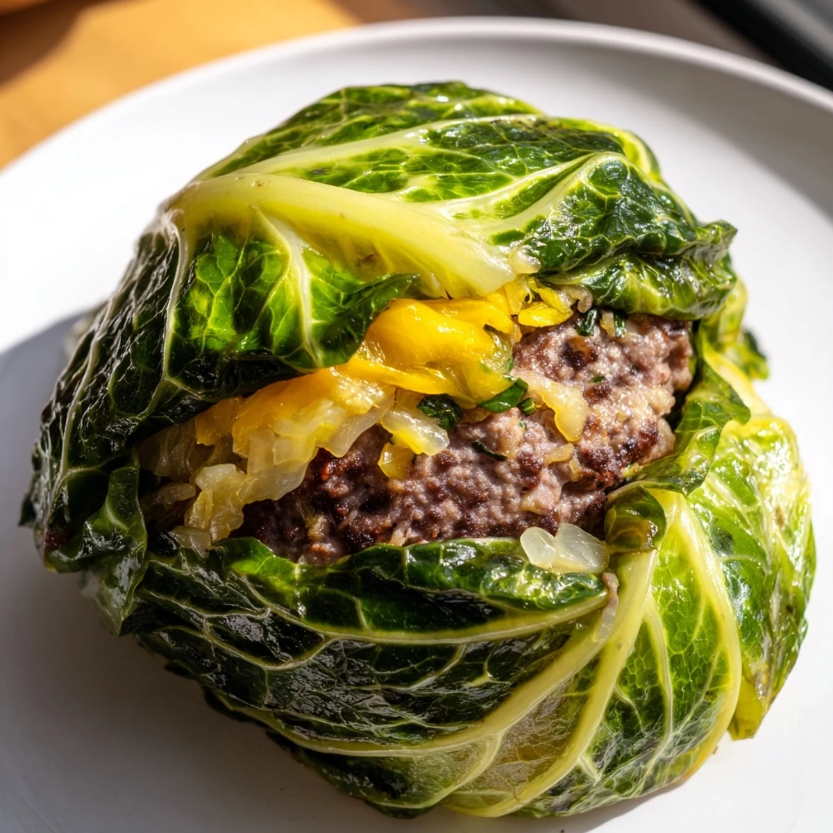 Low carb oven baked cabbage burger served hot with melted cheddar and soft cabbage wrapping