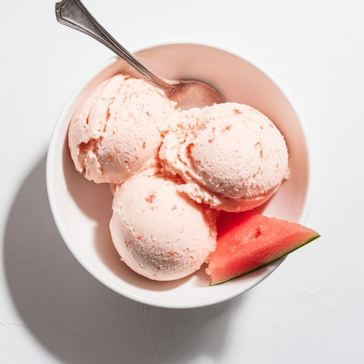Creamy watermelon ice dessert melting slowly in a vintage waffle cone on a wooden board