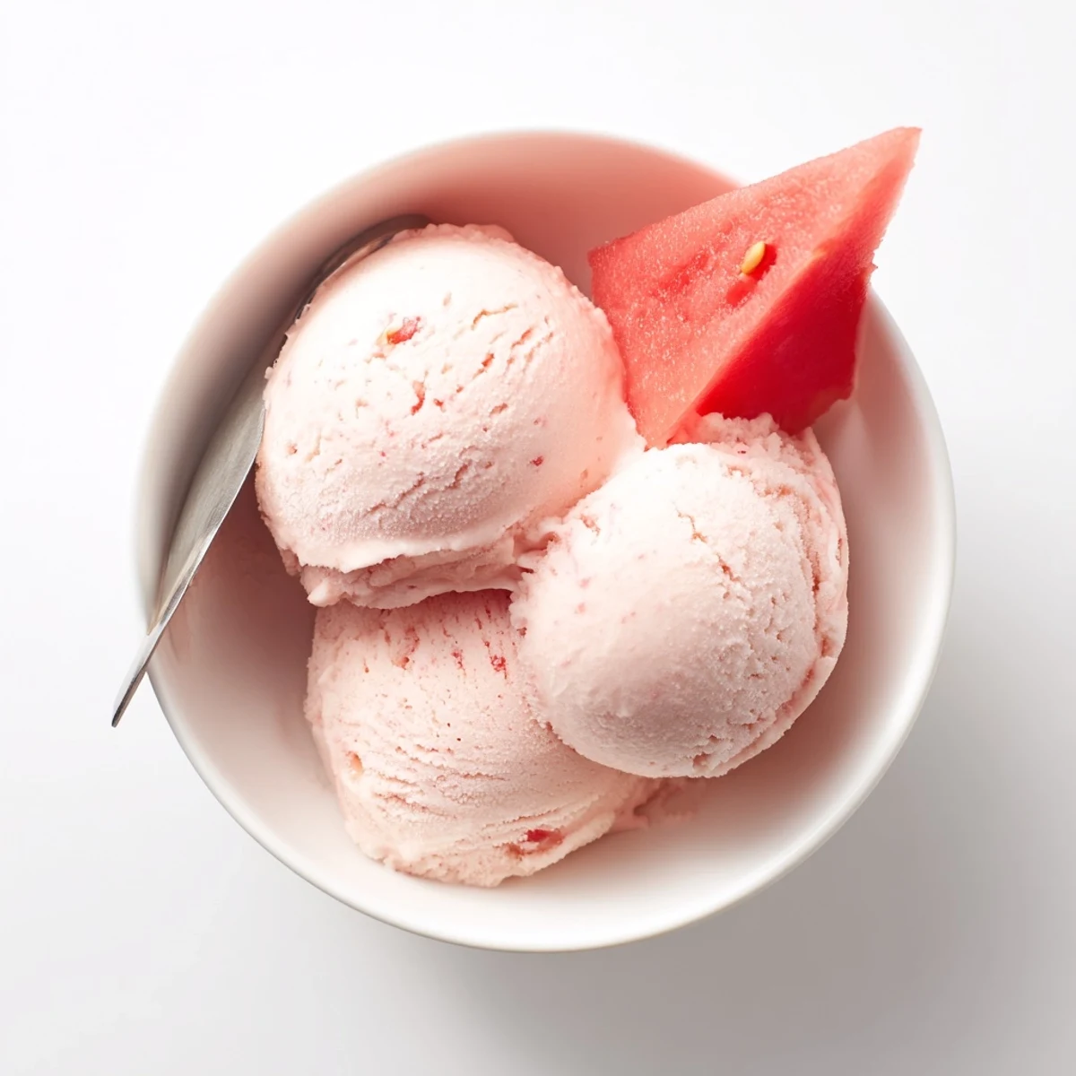 Pink scoops of homemade watermelon ice cream in a chilled glass bowl garnished with fresh mint