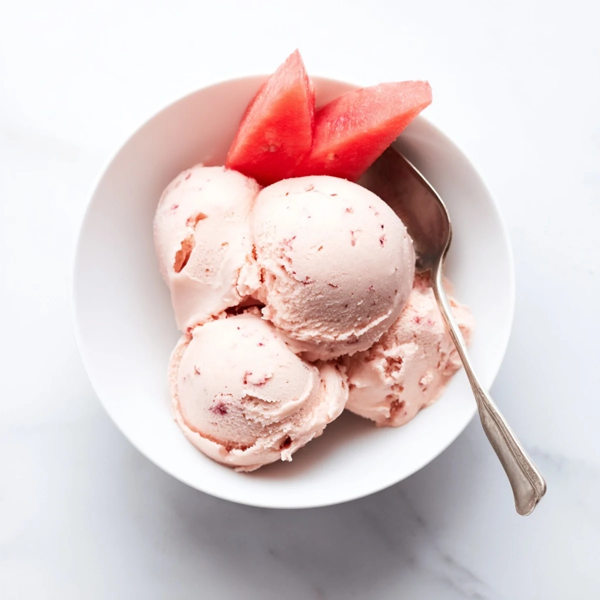 Vibrant pink watermelon ice cream scooped into white serving bowls with lime wedges on the side