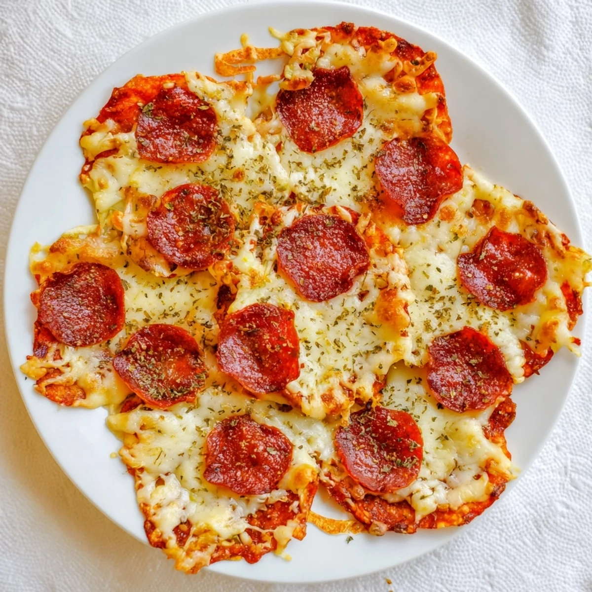 Savory low-cart pepperoni cheese chips arranged on a serving plate with a side of marinara dip