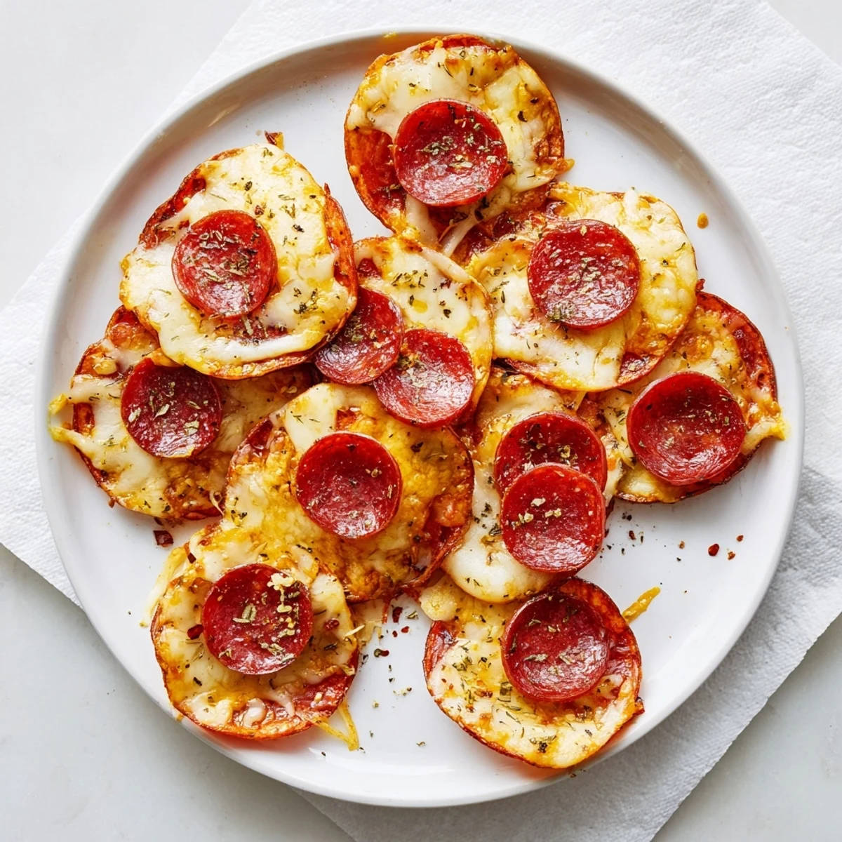 Golden crispy pepperoni cheese chips bubbling with melted cheddar and mozzarella on a baking sheet