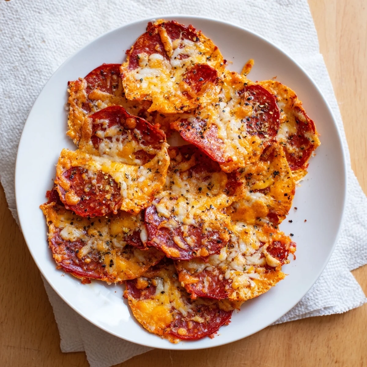 Baked pepperoni slices topped with melted cheese and Italian herbs, golden and crispy from the oven