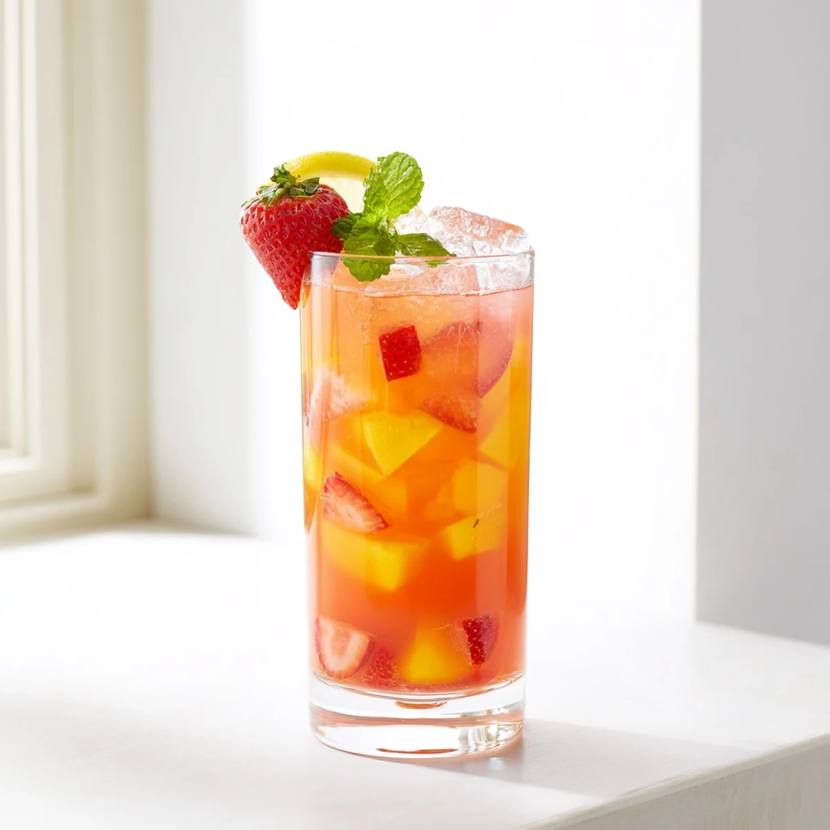 Golden mango strawberry lemonade in a glass pitcher garnished with fresh mint leaves and ice cubes