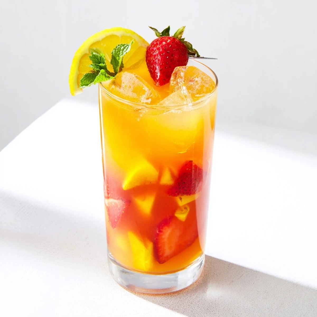 Refreshing mango strawberry lemonade blush drink with whole strawberry and mango chunks adorning the rim