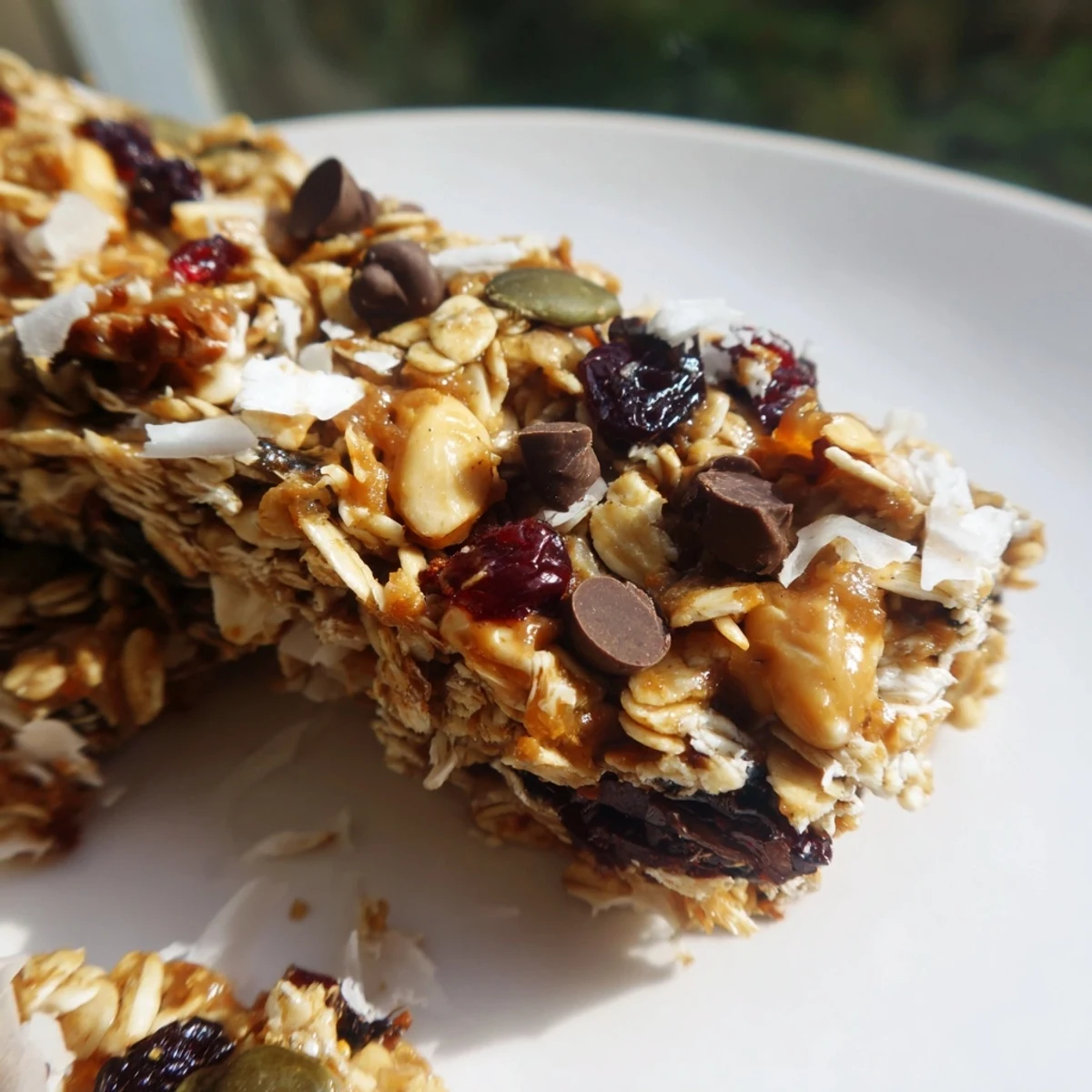 Chewy homemade granola bars with melted chocolate chips, ready for healthy snacking on the go