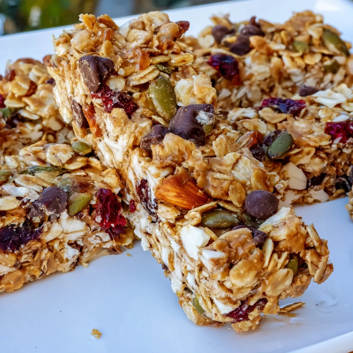 Homemade granola bars stacked on a wooden cutting board, showcasing golden oats and chunky nuts