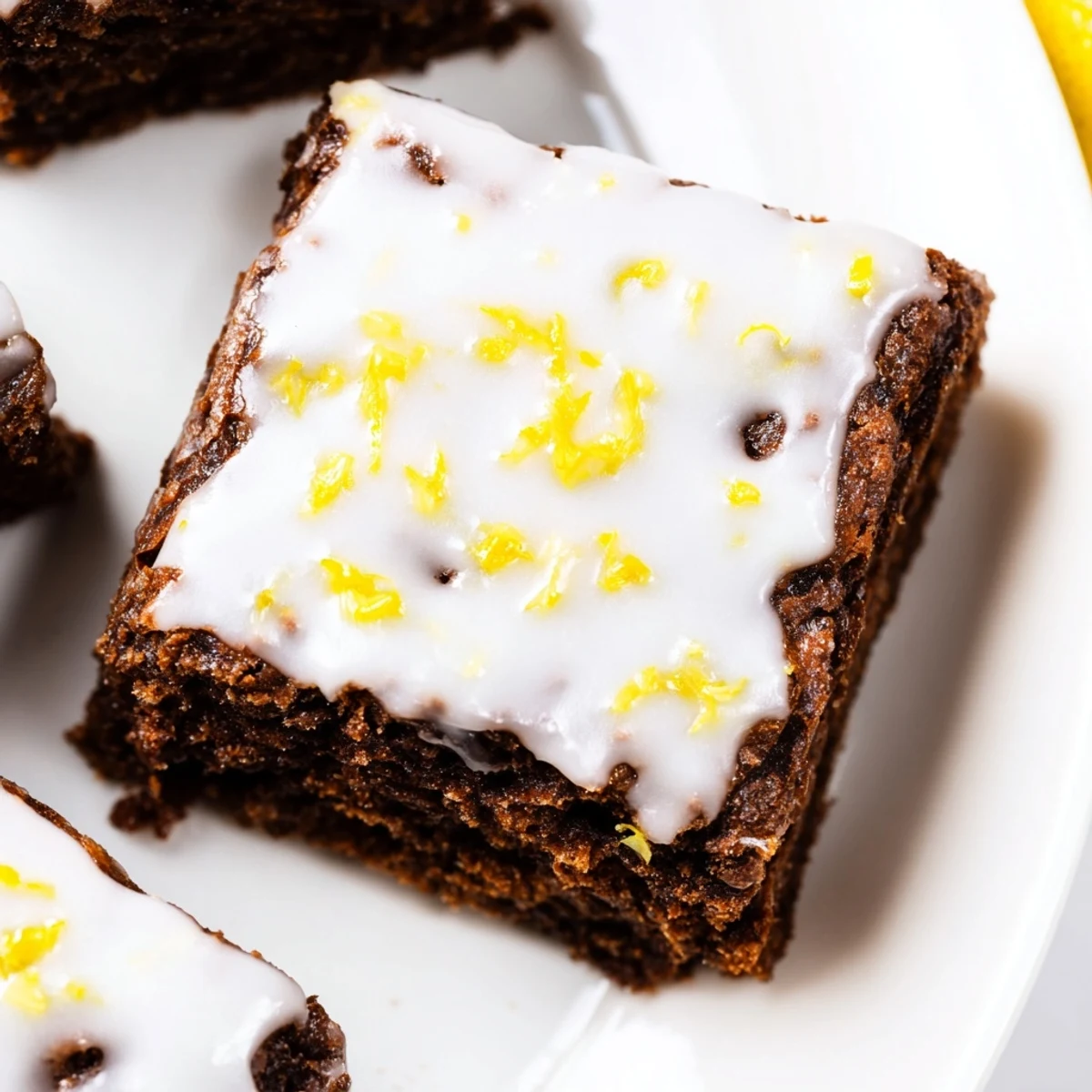 Golden lemon zest brownies with white glaze and fresh zest garnish on a white plate