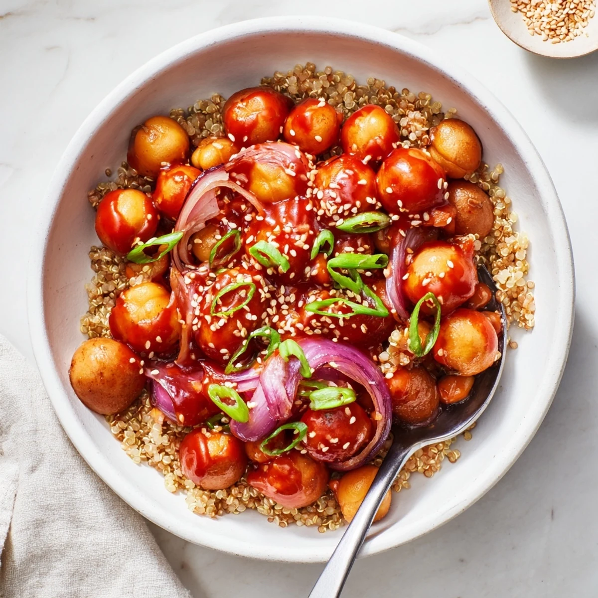 Gochujang potatoes and chickpeas bowl with fluffy quinoa garnished with sesame seeds and spring onions.