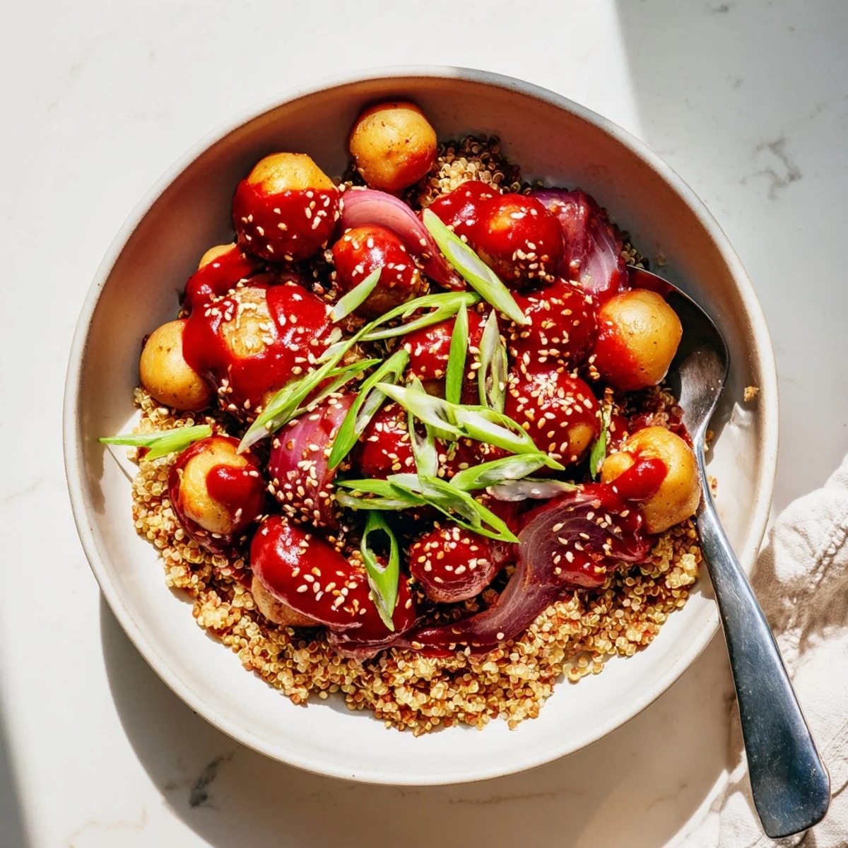 Colorful vegan meal featuring spicy gochujang roasted potatoes and chickpeas served over a bed of quinoa.