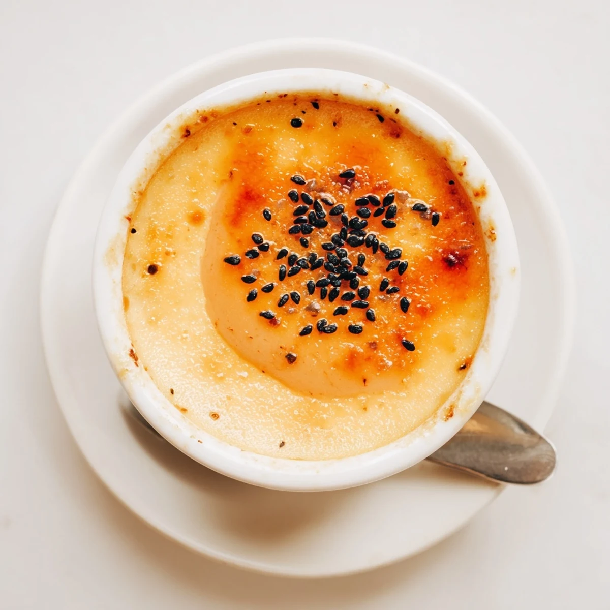 Golden-topped Japanese sweet potato creme brulee ramekin with caramelized sugar crackling surface