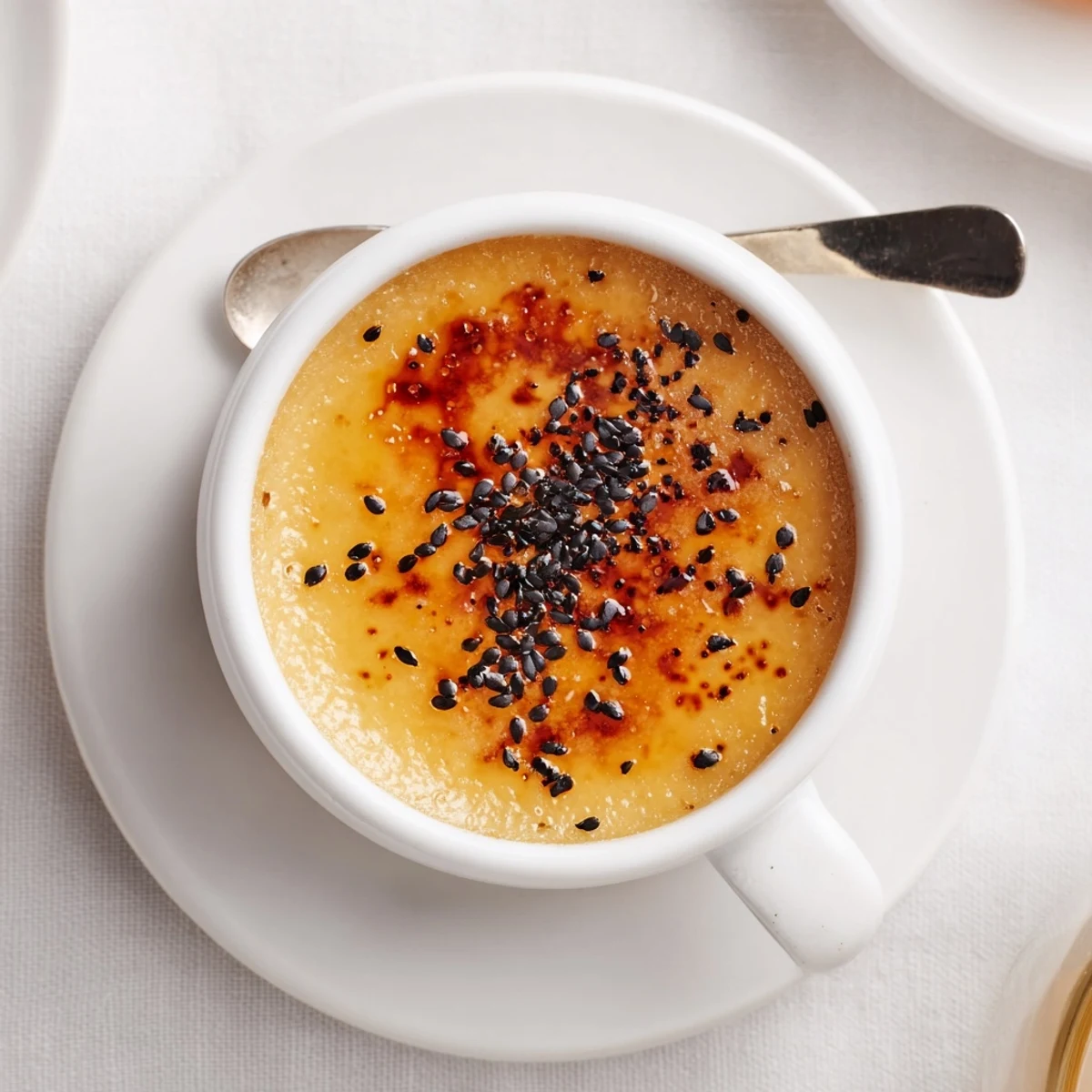 Individual Japanese sweet potato creme brulee custard with burnt sugar topping and spoon