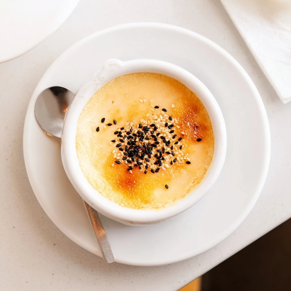 Creamy purple-hued Japanese sweet potato creme brulee sprinkled with black sesame seeds