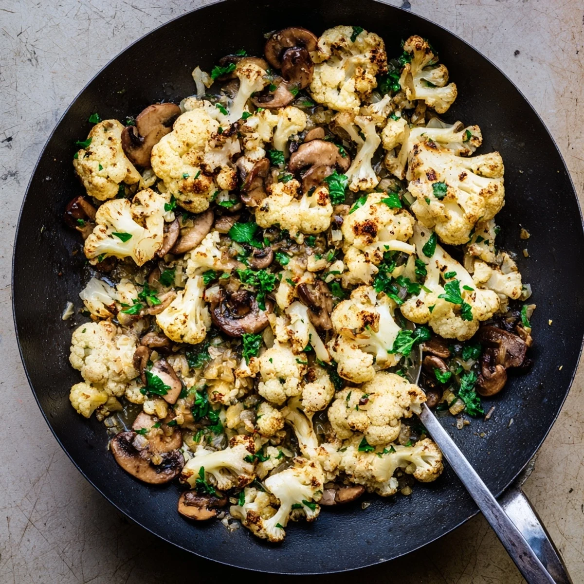 Golden brown garlic mushrooms and cauliflower skillet served with fresh parsley garnish