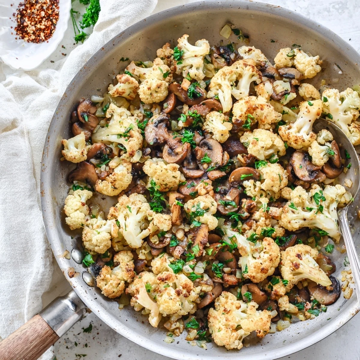 Savory vegetarian cauliflower and mushrooms cooking in cast iron skillet with aromatic herbs