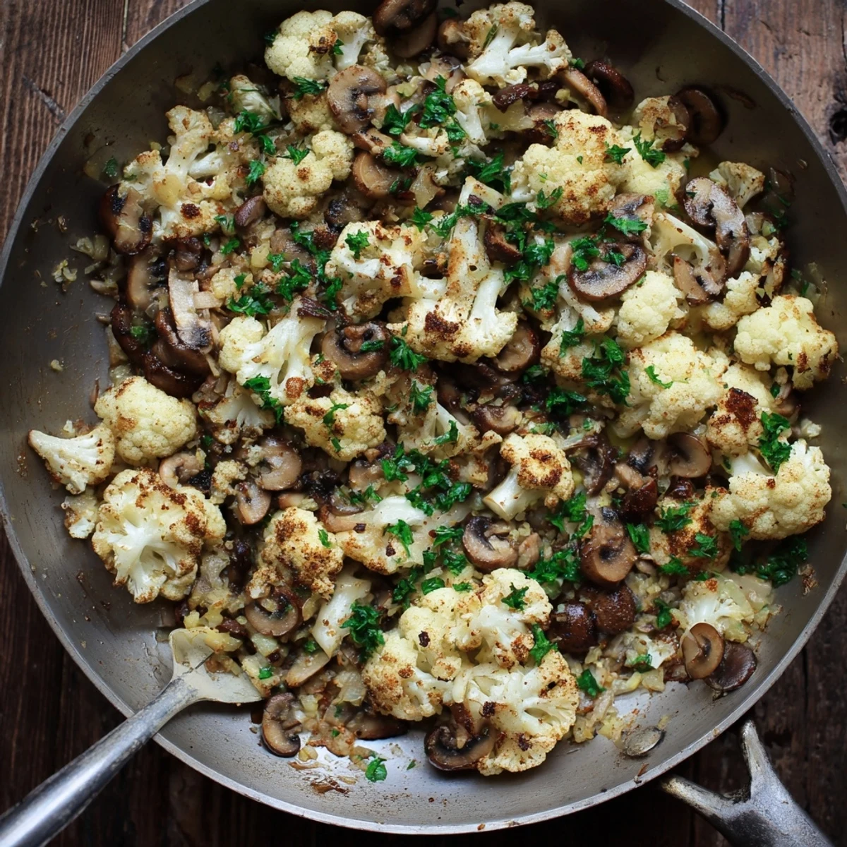 Tender cauliflower florets sautéed with sliced mushrooms and garlic in a rustic skillet
