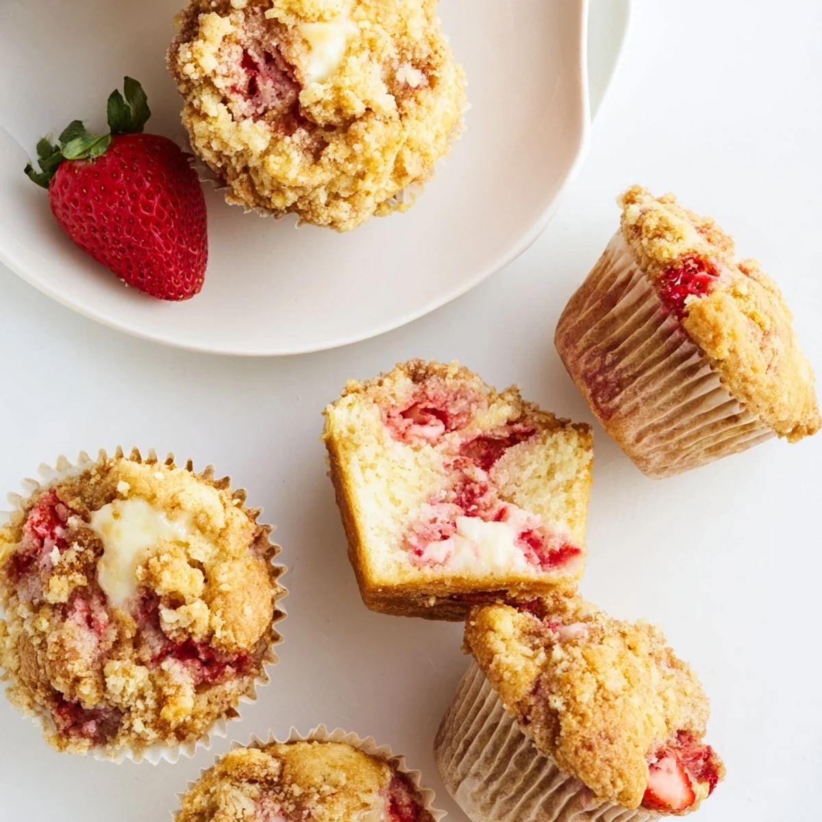 Golden strawberry cream cheese muffins cooling on wire rack after baking to perfection