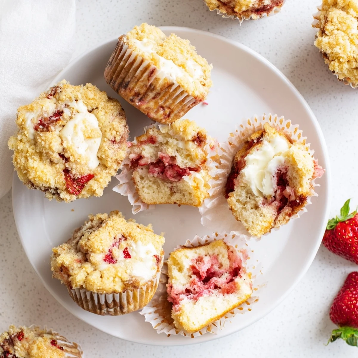 Freshly baked strawberry cream cheese muffins with red fruit pieces visible inside golden tops