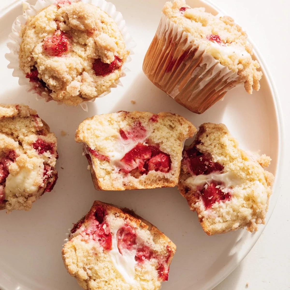 Tender strawberry cream cheese muffins topped with sugar and bursting with juicy berries