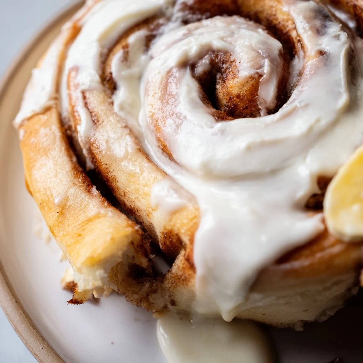 Freshly baked banana cinnamon rolls with cream cheese glaze drizzling over golden spiraled dough